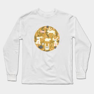 Bunnies + Teapots in Gold Long Sleeve T-Shirt